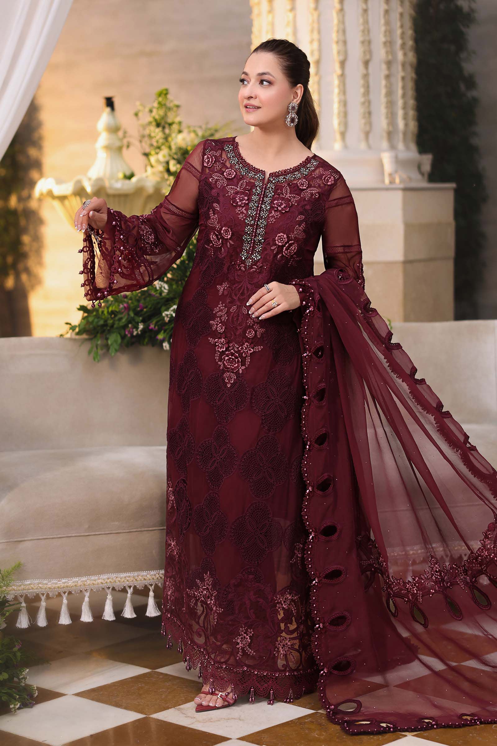 Maria B Embroidered Chiffon Unstitched 3 Piece Suit - D-08 - MB26CHF - Maroon - Luxury Collection