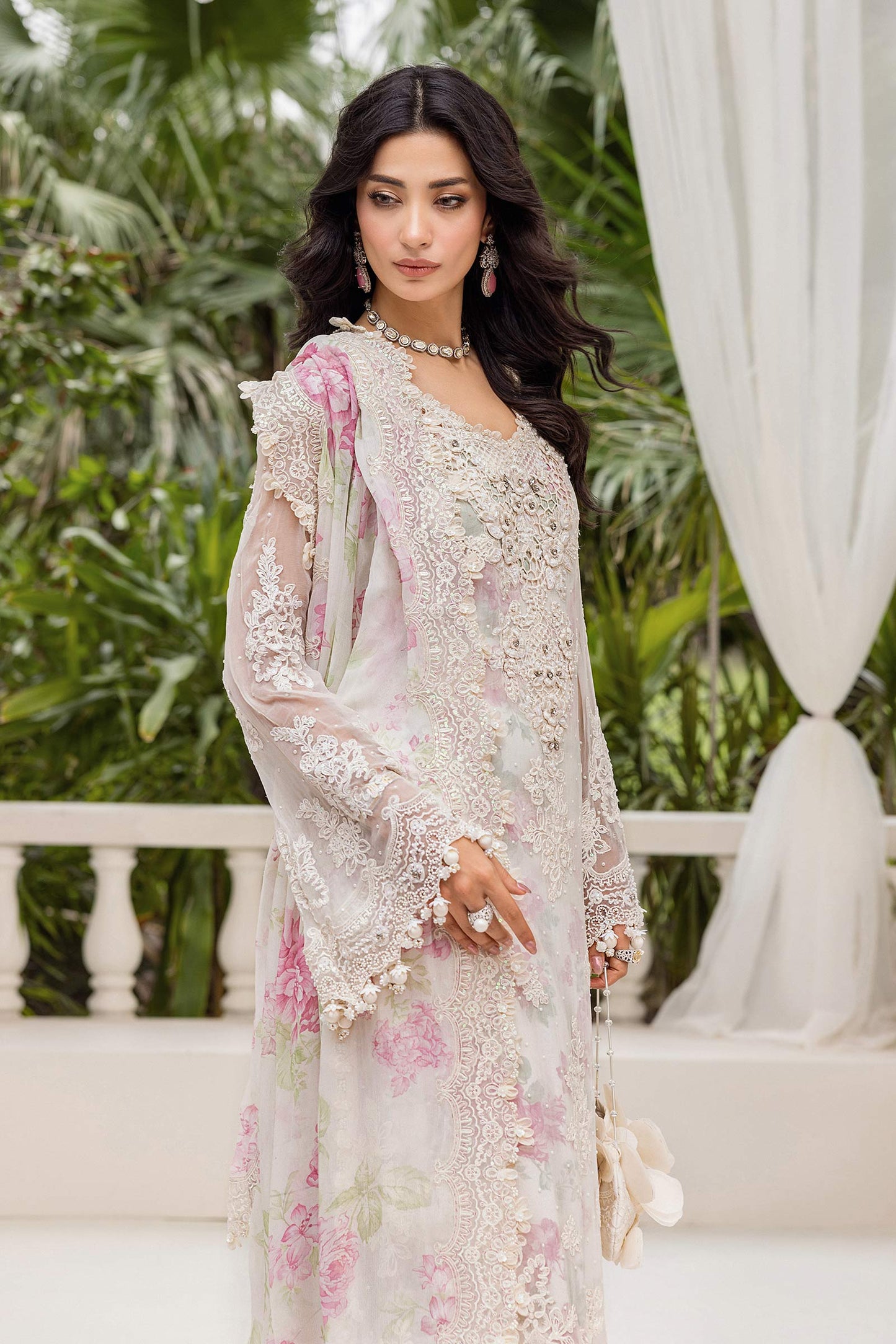 3 Piece Unstitched Embroidered Chiffon Suit | MPC-25-101  Color: Off White
