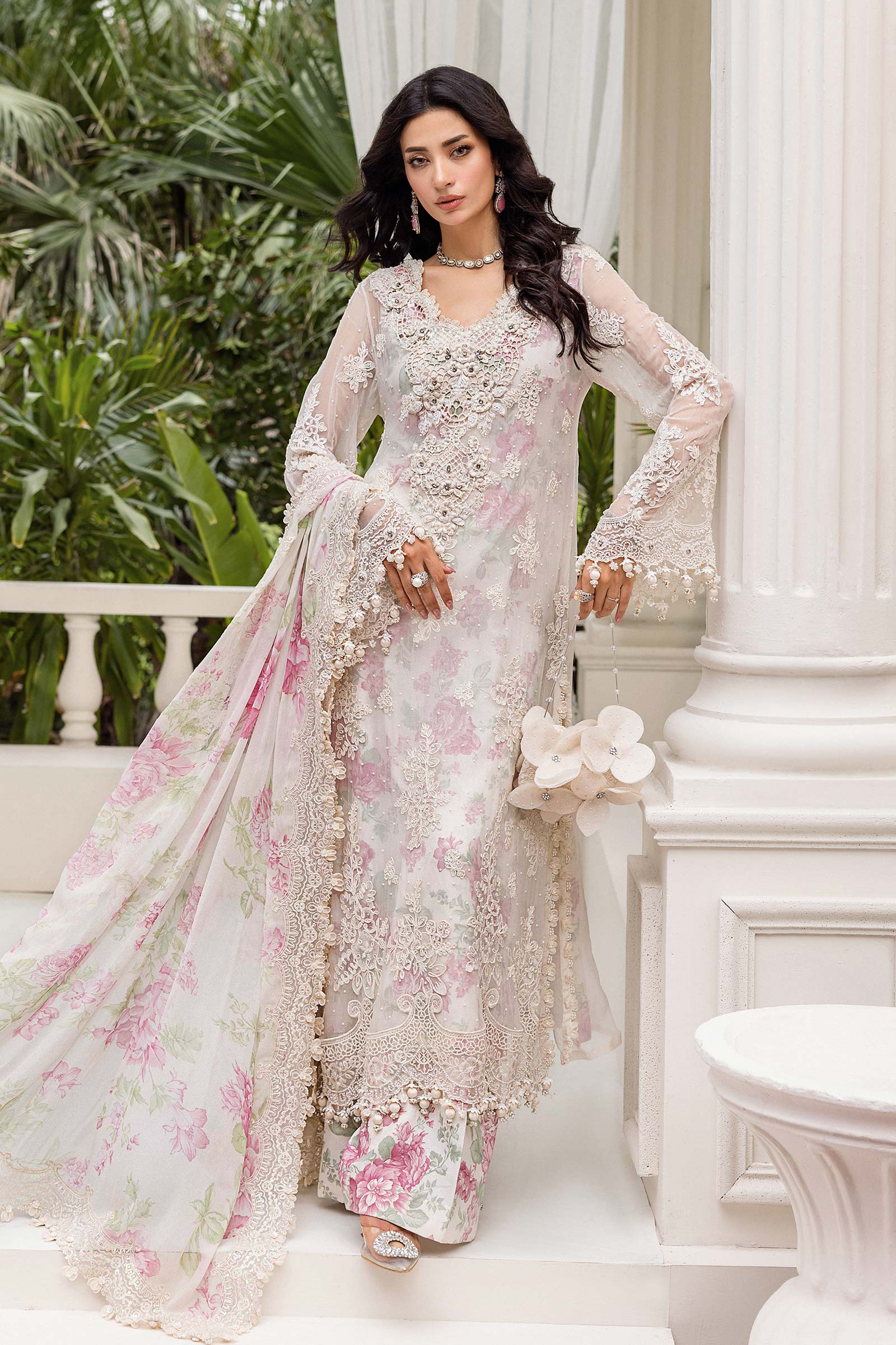 3 Piece Unstitched Embroidered Chiffon Suit | MPC-25-101  Color: Off White