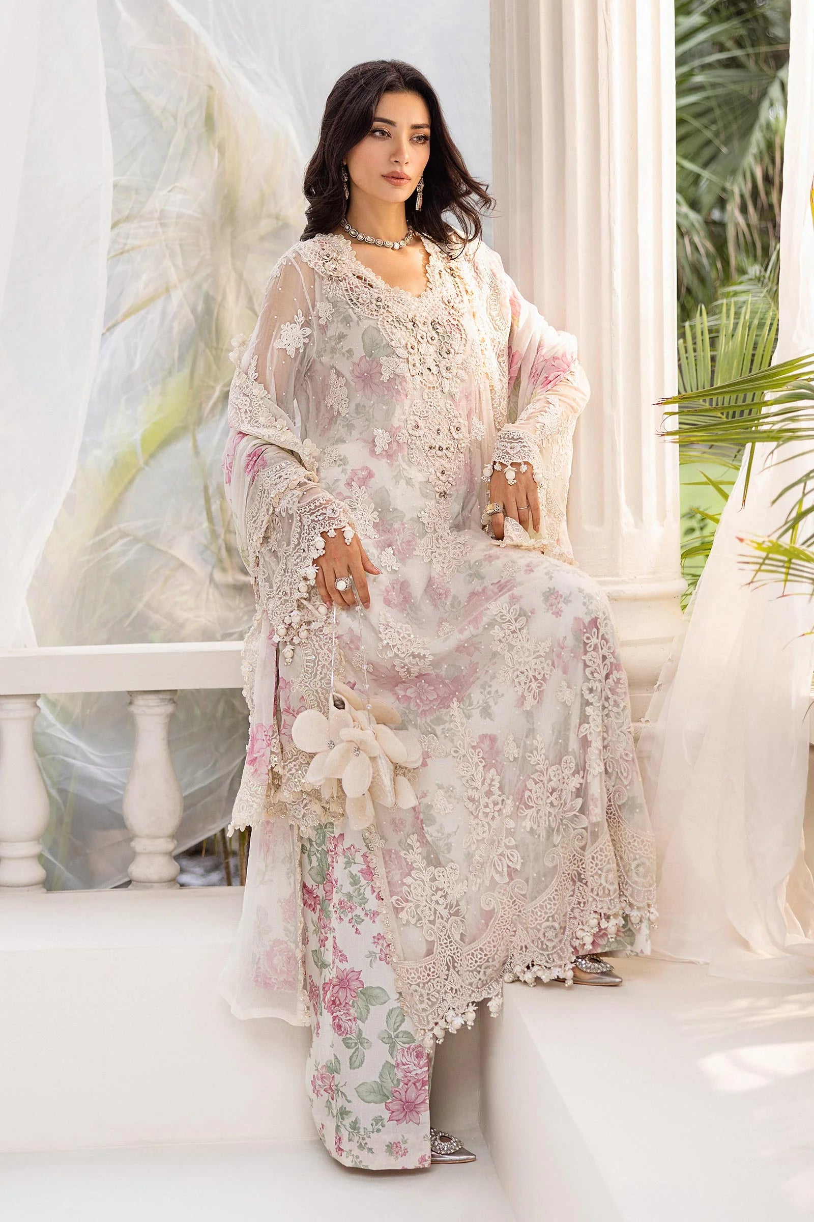 3 Piece Unstitched Embroidered Chiffon Suit | MPC-25-101  Color: Off White