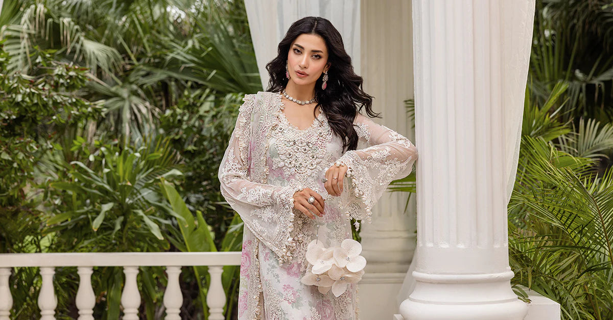 3 Piece Unstitched Embroidered Chiffon Suit | MPC-25-101  Color: Off White