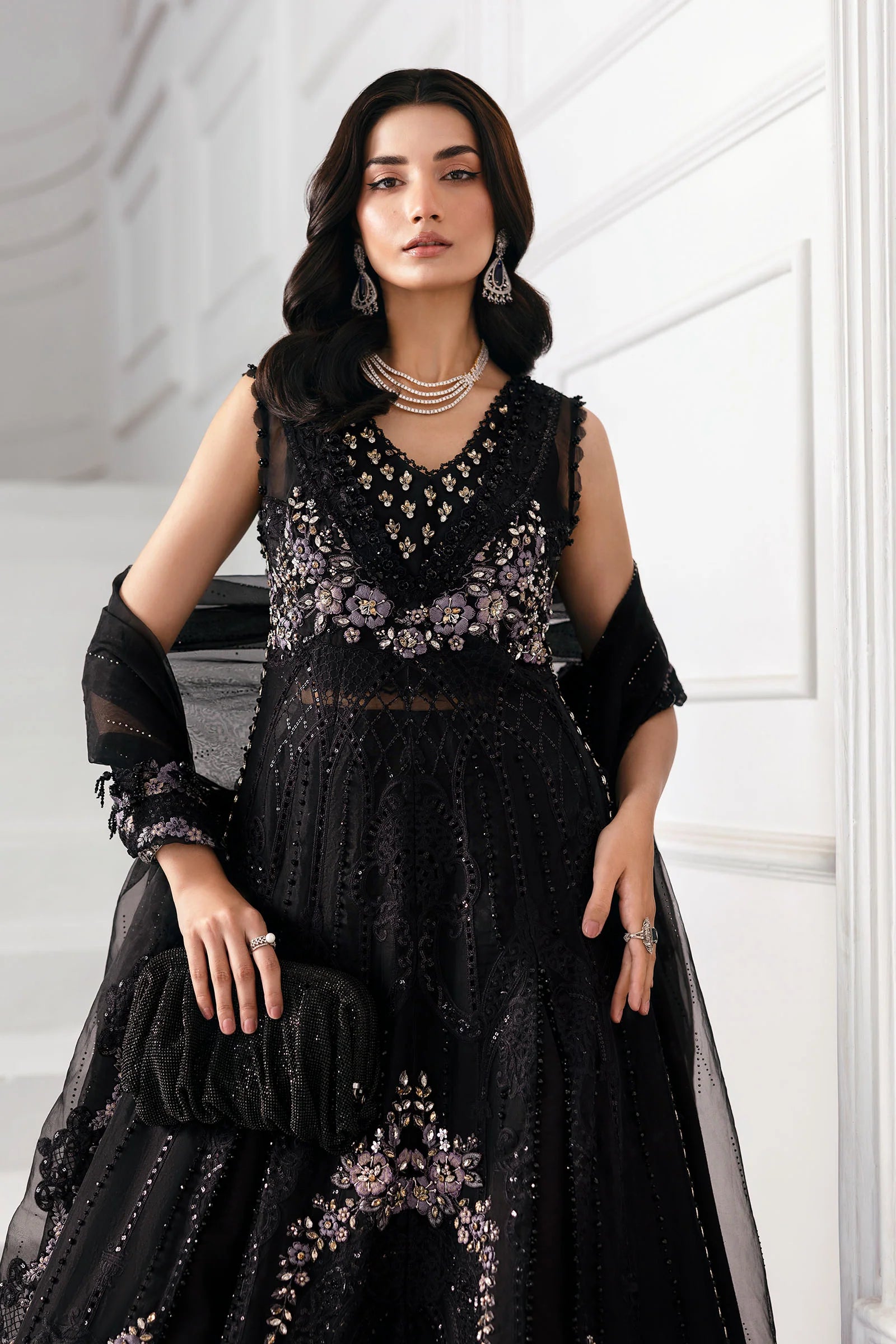 3 Piece Unstitched Embroidered Organza Suit | BD-3004 Color black