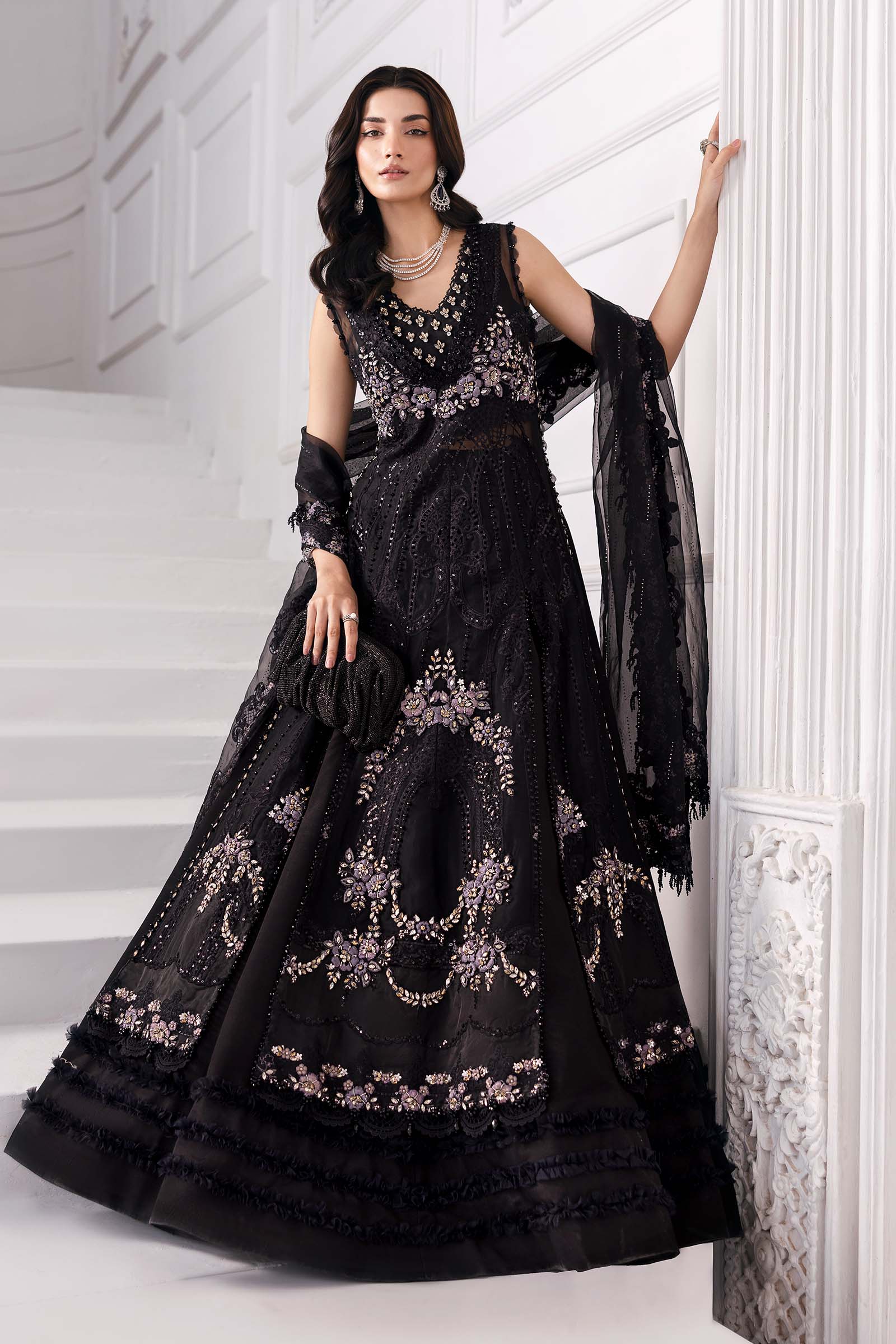 3 Piece Unstitched Embroidered Organza Suit | BD-3004 Color black