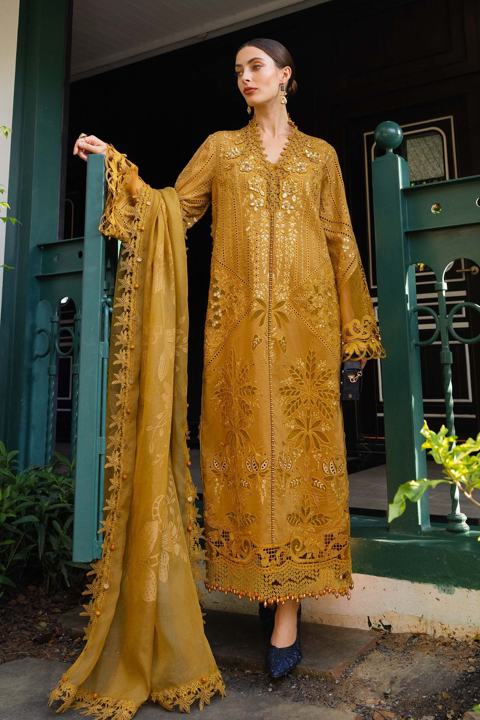Maria B Luxury Embroidered Lawn Unstitched 3 Piece Suit - D7 - MB26ED - Mustard - Summer Festive Collection