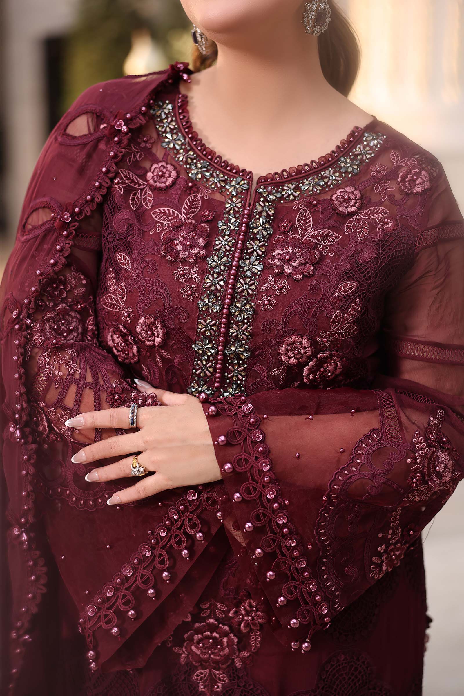 Maria B Embroidered Chiffon Unstitched 3 Piece Suit - D-08 - MB26CHF - Maroon - Luxury Collection